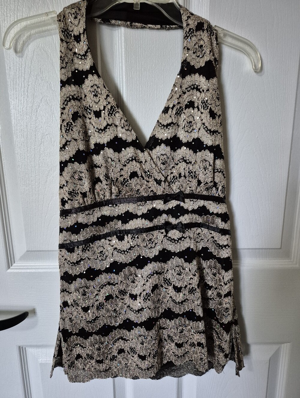 Black and Cream Lace-Pattern V-Neck Dress